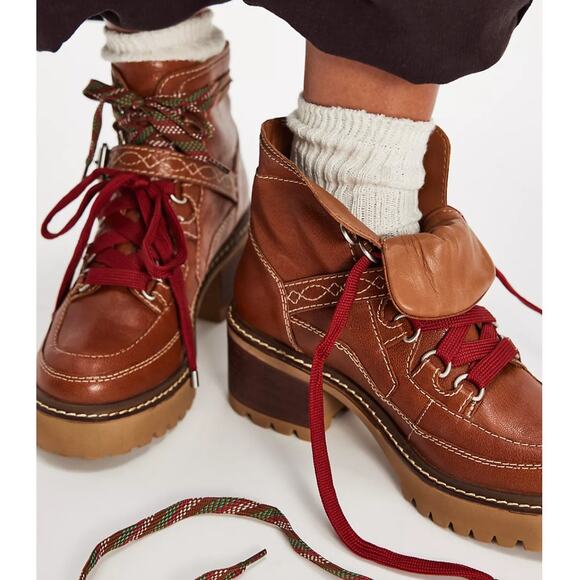 Free People NIB Jasper Hiker Ankle Boot Leather Chunky Heel Vtg Tan 10 Utility - Picture 1 of 15